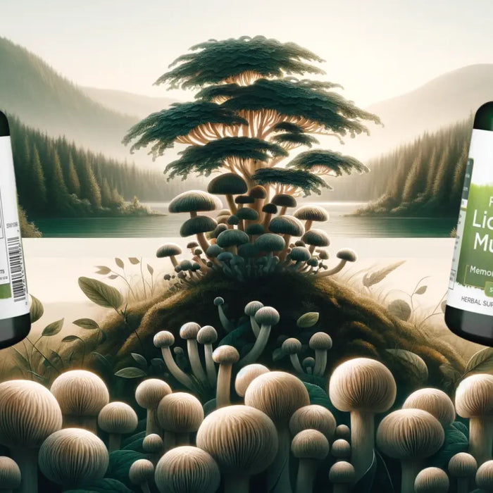 Serene natural landscape showcasing Lion's Mane mushrooms in their natural habitat, symbolizing holistic health and wellbeing with a tranquil green and earthy color palette.
