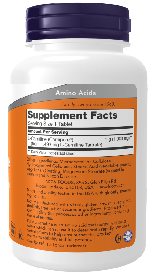 NOW Foods Carnitine Tartrate, 1000mg, 100 Tablets: Support for cellular energy and recovery. - Supplements at MySupplementShop by NOW Foods