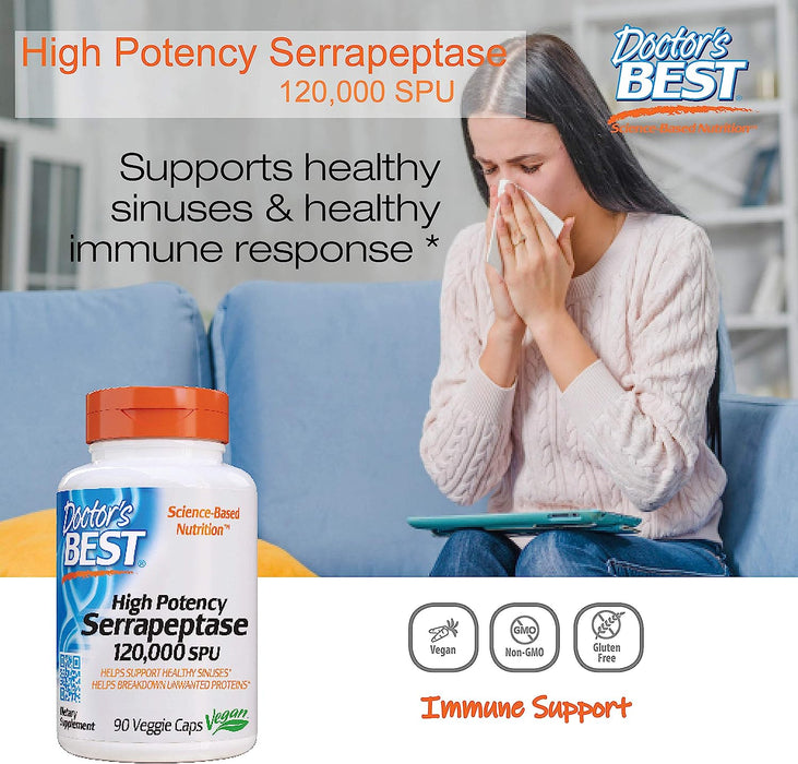 Doctor's Best Serrapeptase, 120 000 SPU High Potency - 90 vcaps | High-Quality Health and Wellbeing | MySupplementShop.co.uk