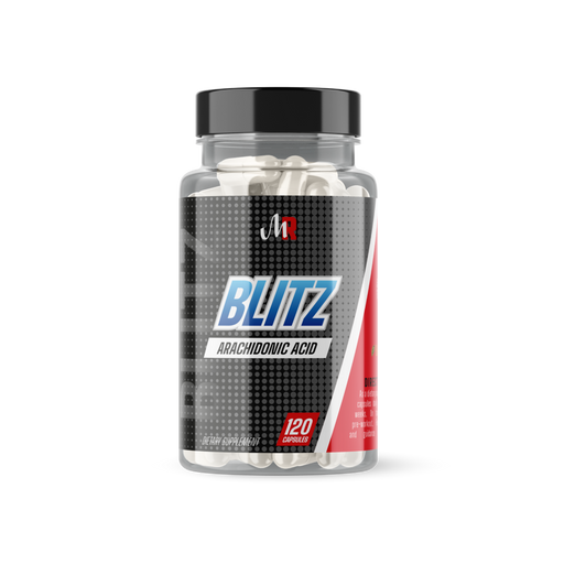 Muscle Rage Blitz arachidonic acid supplement with black pepper extract capsules in clear plastic bottle