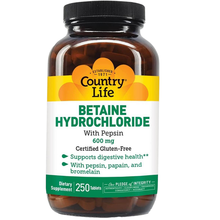 Country Life Betaine Hydrochloride with Pepsin 600mg 250 Tablets