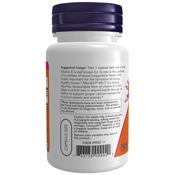 NOW Foods MK-7 Vitamin K-2 100 mcg 60 Veg Capsules | Premium Supplements at MYSUPPLEMENTSHOP