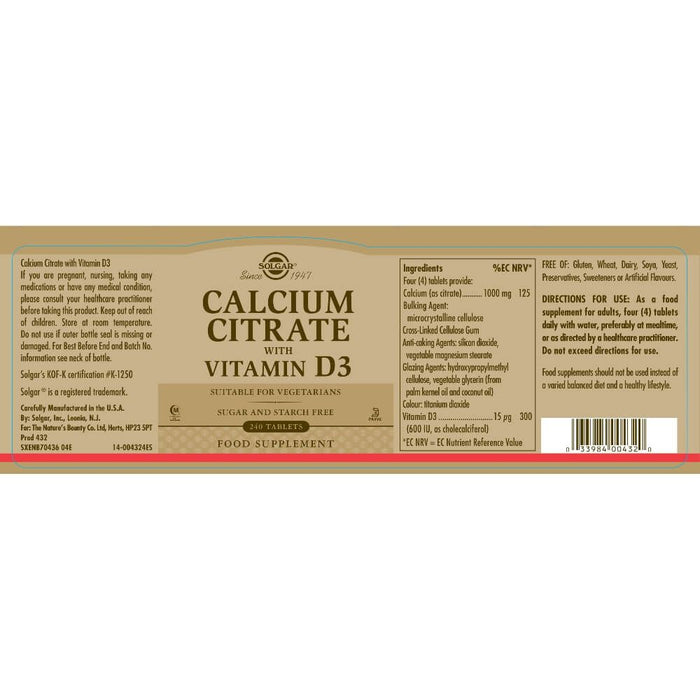 Solgar Calcium Citrate with Vitamin D3 Tablets Pack of 240 at MySupplementShop.co.uk