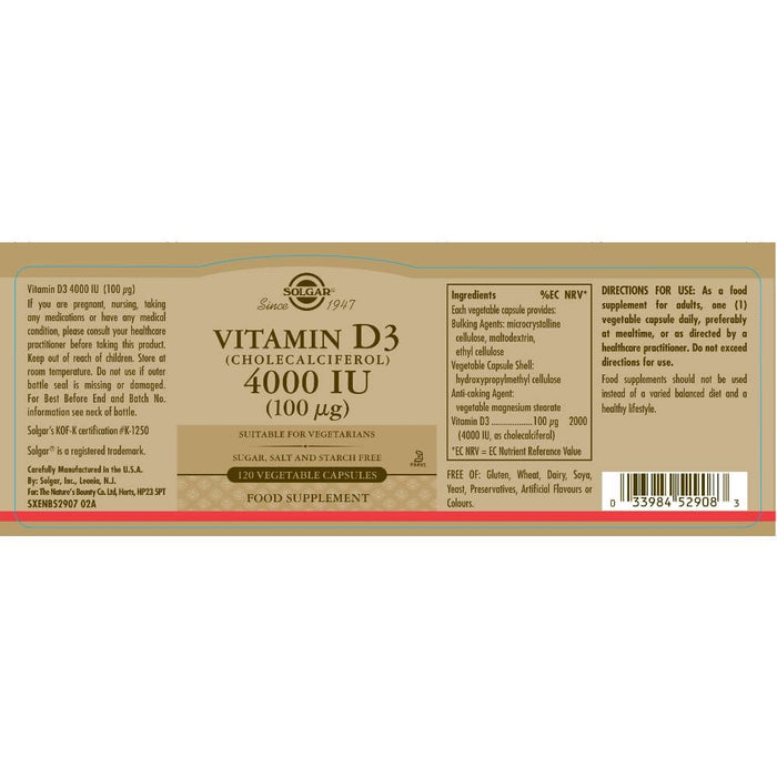 Solgar Vitamin D3 (Cholecalciferol) 4000 IU (100 µg) Vegetable Capsules Pack of 120 | Premium Supplements at MYSUPPLEMENTSHOP