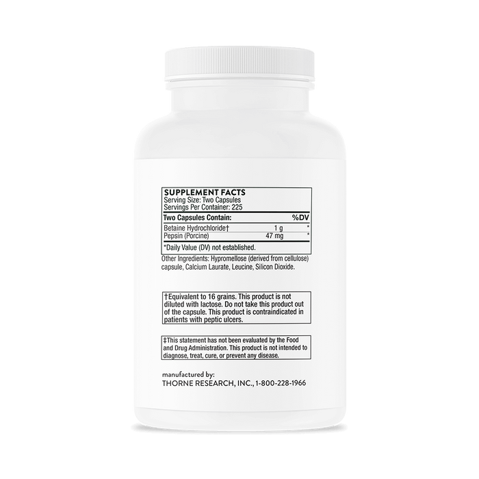 Thorne Research Betaine HCL &amp; Pepsin 450 Capsules | Premium Supplements at MYSUPPLEMENTSHOP