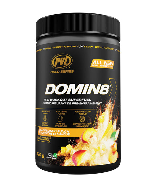 PVL Essentials Gold Series Domin8, Peach Mango Punch - 520g | High-Quality Energy Drinks | MySupplementShop.co.uk